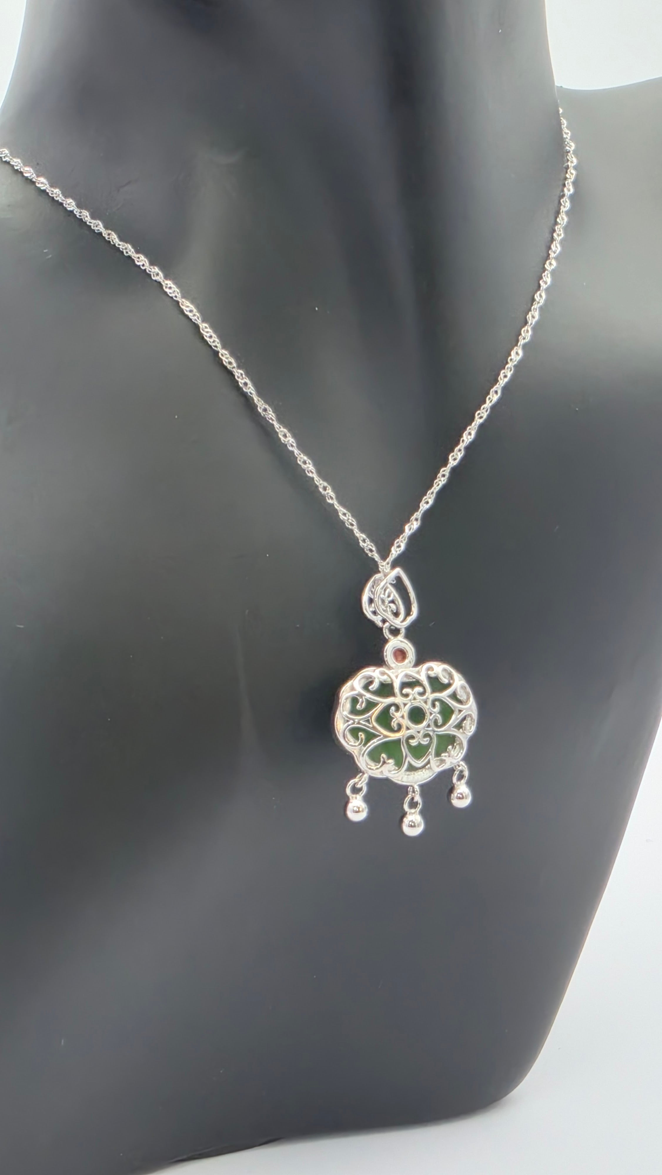 Sterling Silver He Tian Jade Ruyi Cloud Pendant Necklace