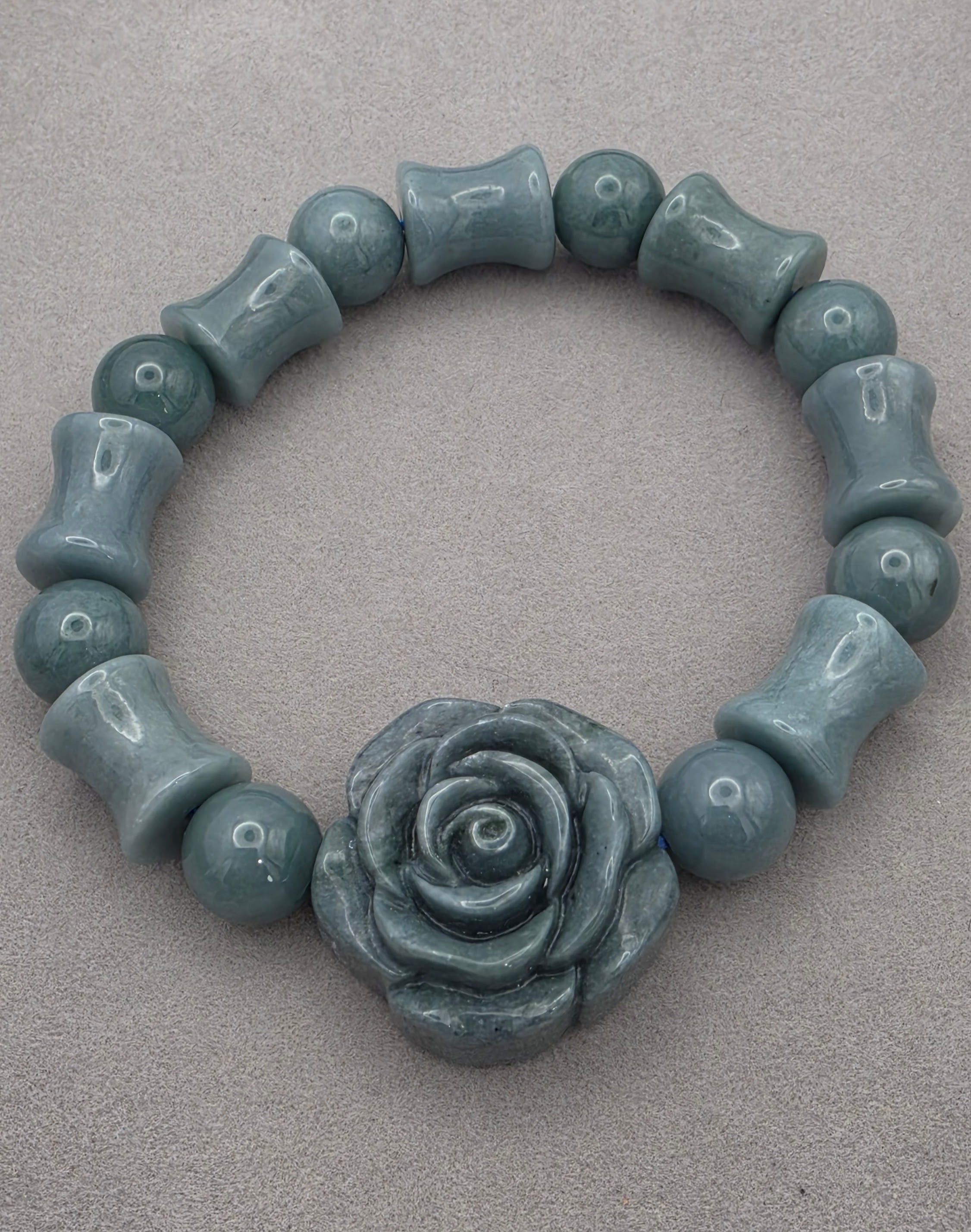 Blue Water Jade Carved Rose Jade Barrel Bead Bracelet