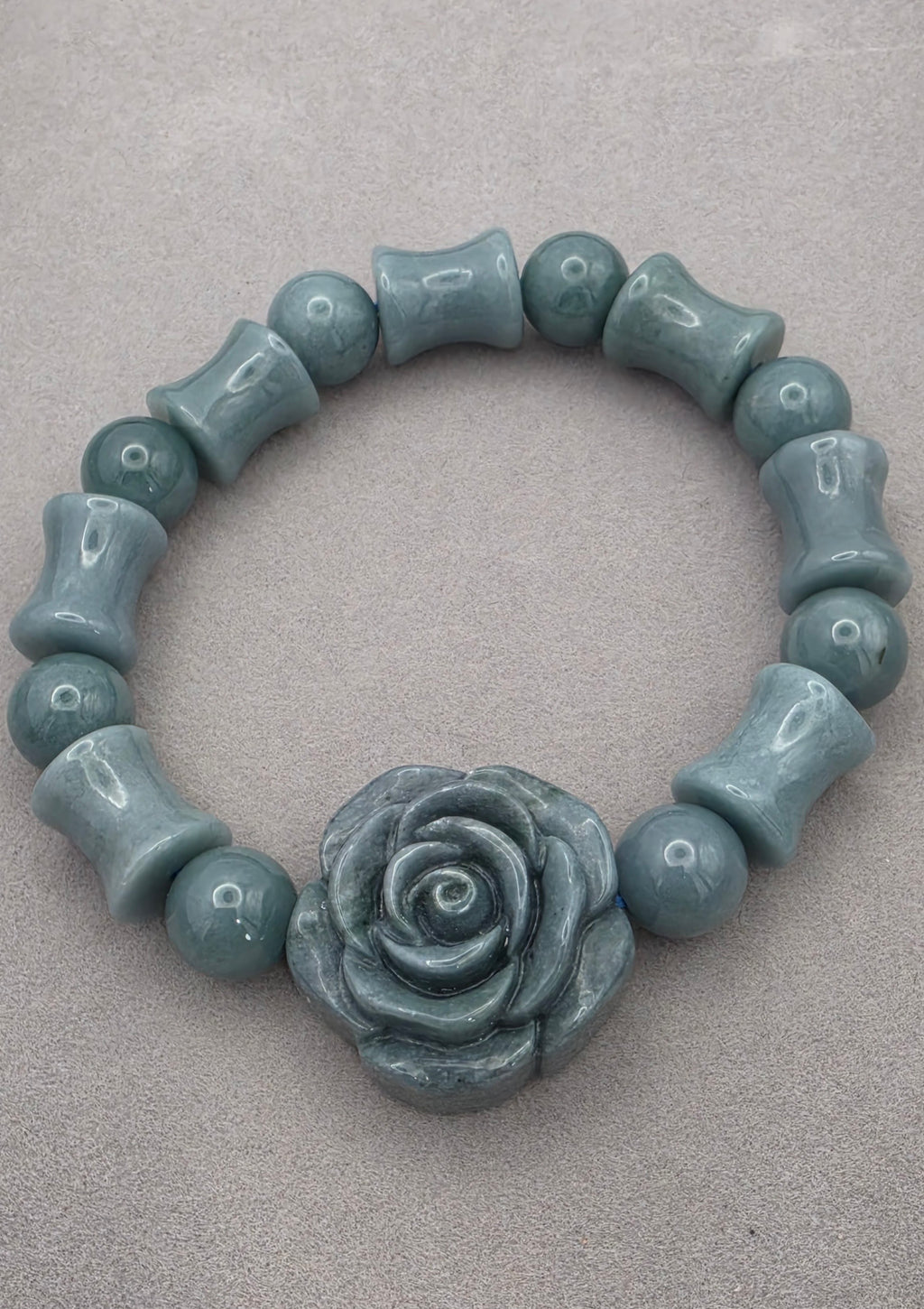 Blue Water Jade Carved Rose Jade Barrel Bead Bracelet