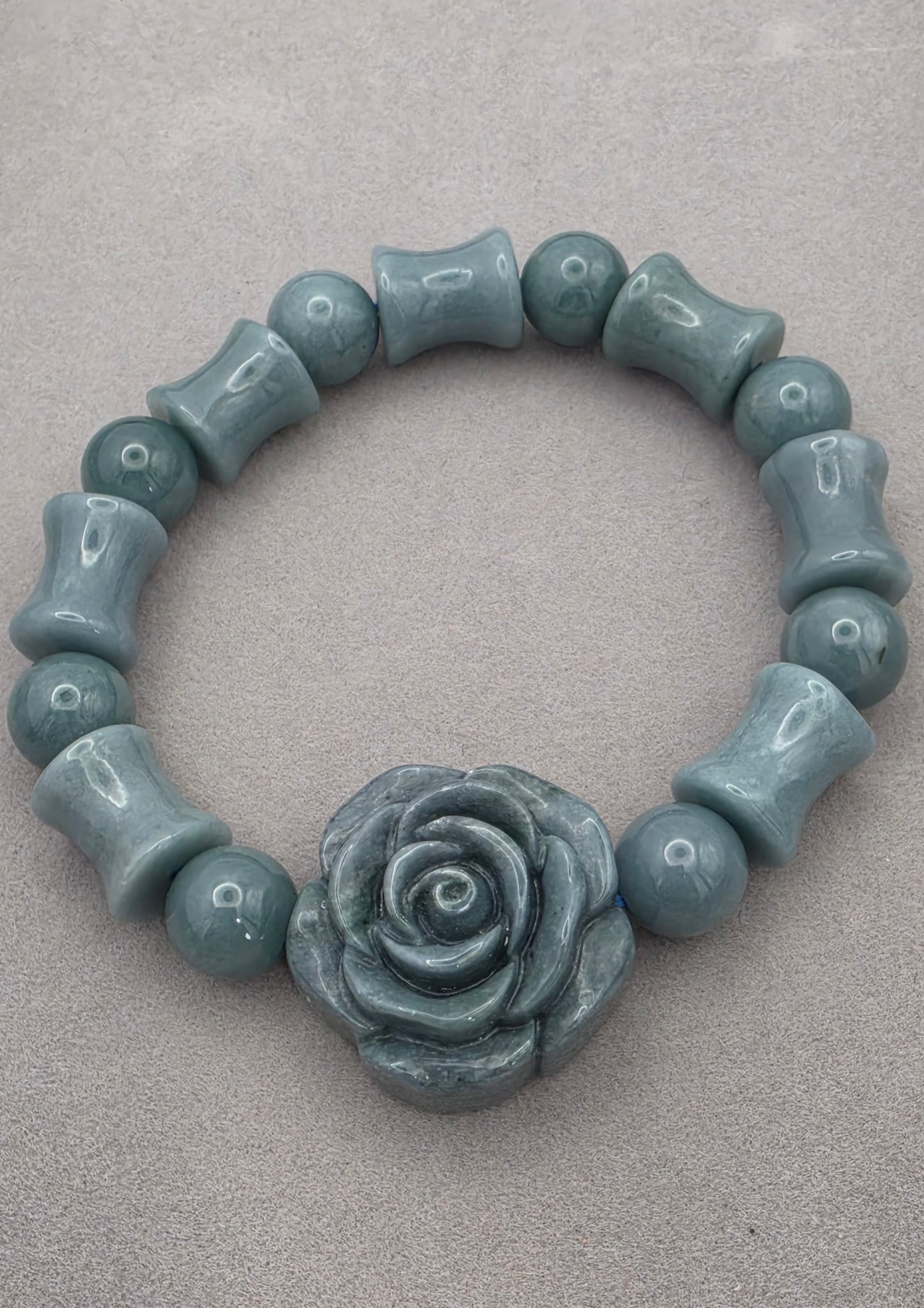 Blue Water Jade Carved Rose Jade Barrel Bead Bracelet