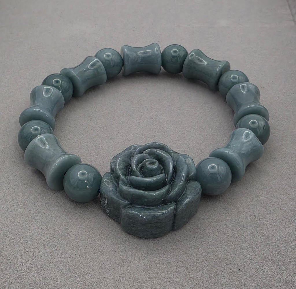 Blue Water Jade Carved Rose Jade Barrel Bead Bracelet