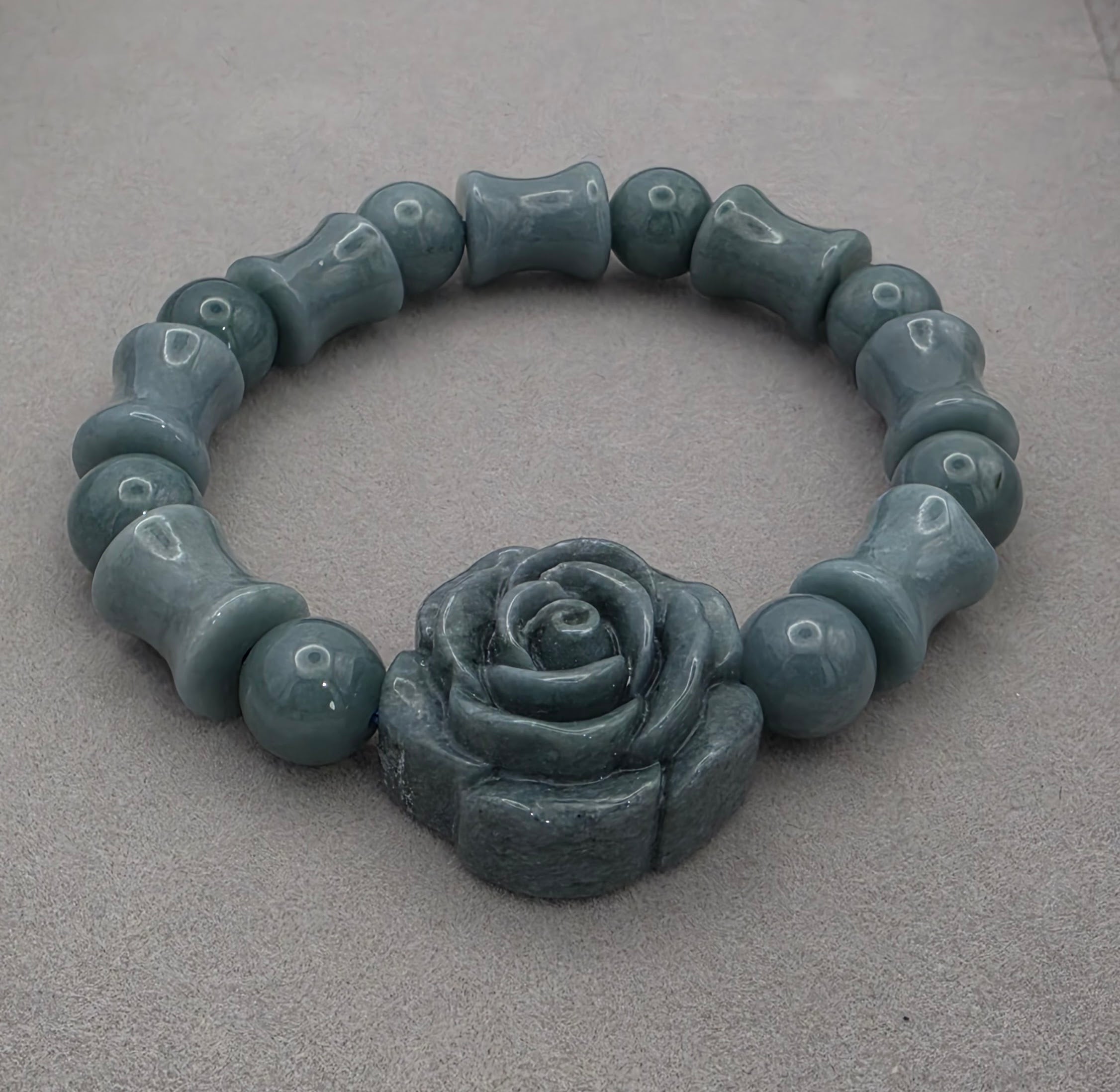 Blue Water Jade Carved Rose Jade Barrel Bead Bracelet
