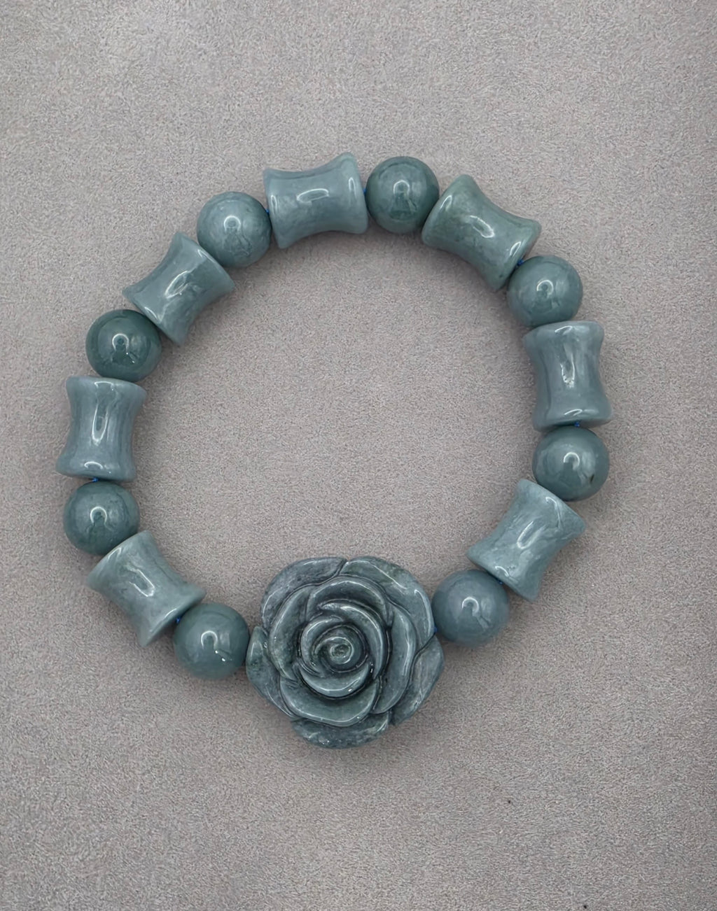 Blue Water Jade Carved Rose Jade Barrel Bead Bracelet