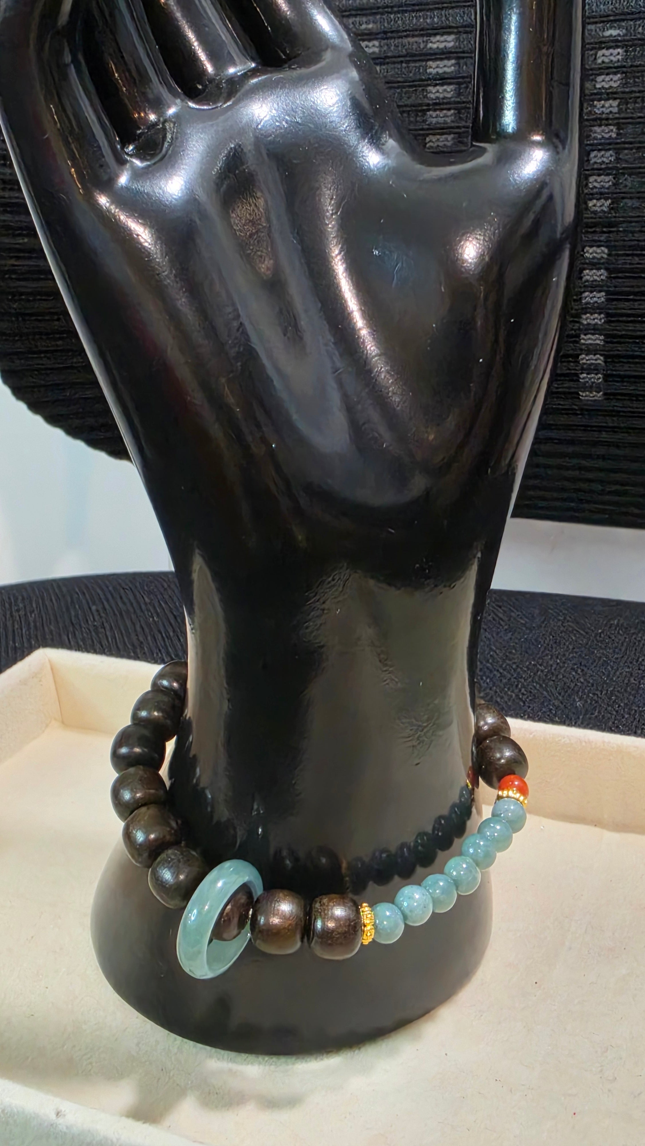 Blue Water Jade & Sandalwood Donut Bracelet