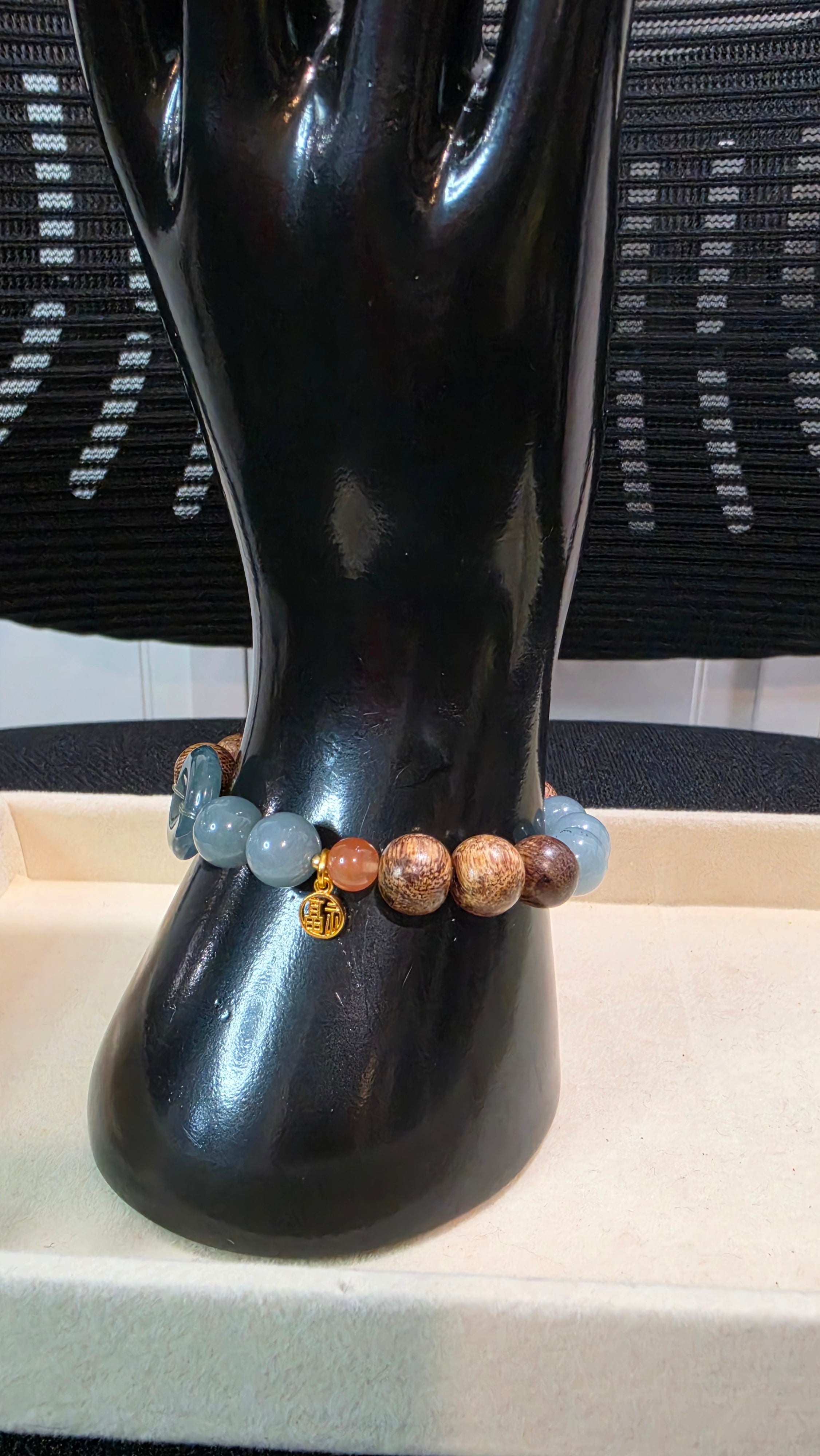 Blue Water Jade Sandalwood Statement Bracelet