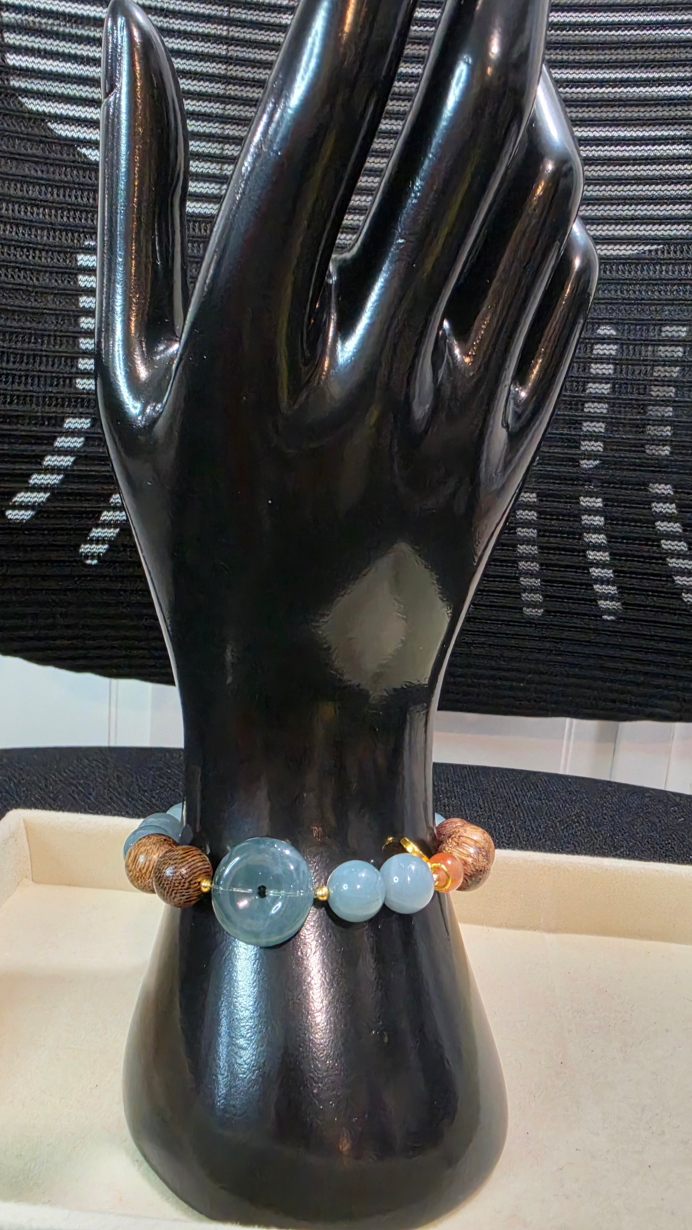 Blue Water Jade Sandalwood Statement Bracelet