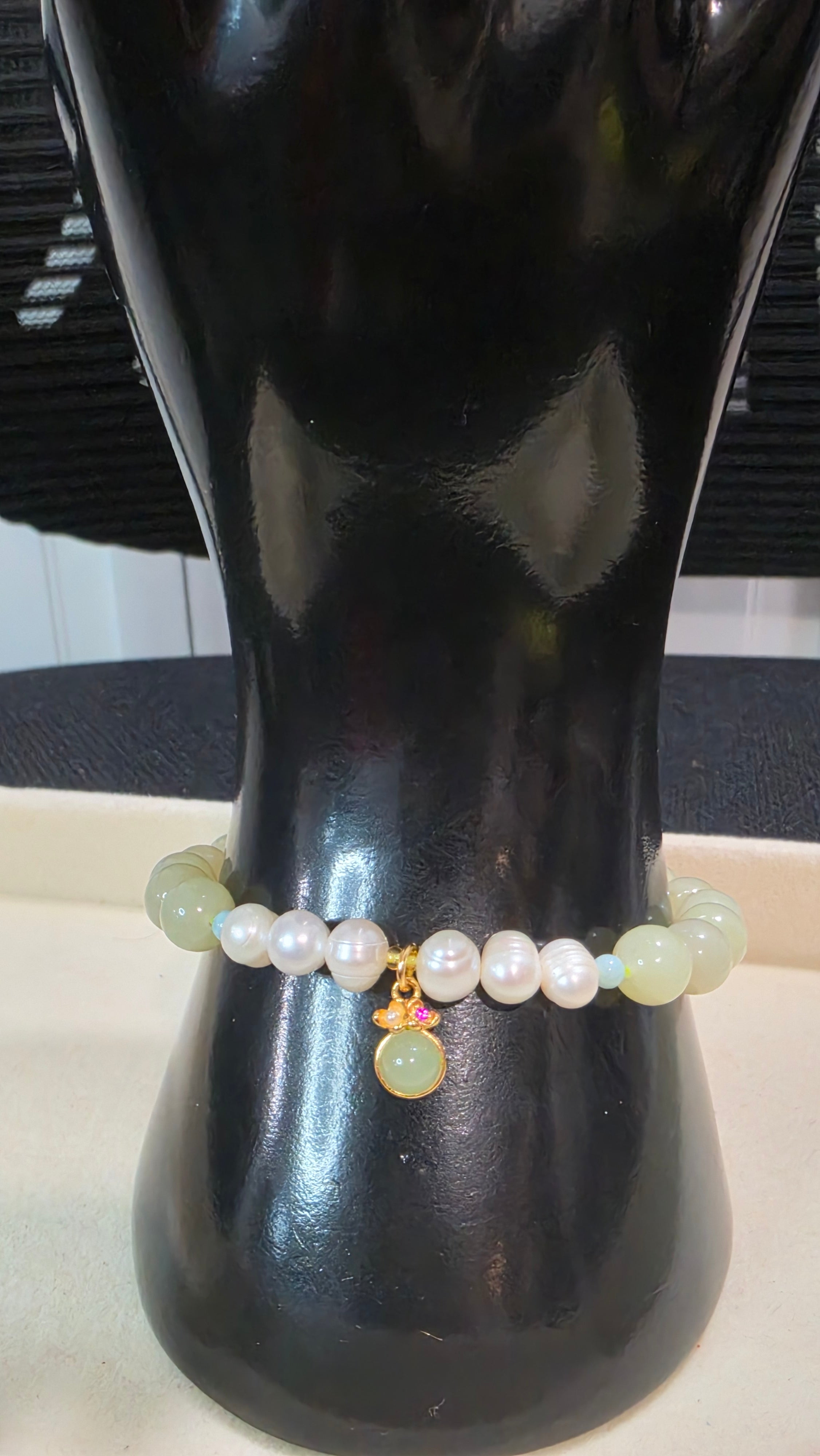Blue Water Jade & Pearl Beaded Bracelet