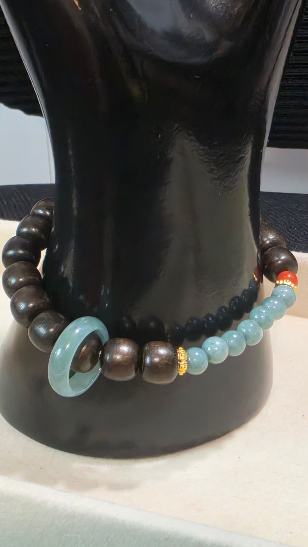 Blue Water Jade & Sandalwood Donut Bracelet