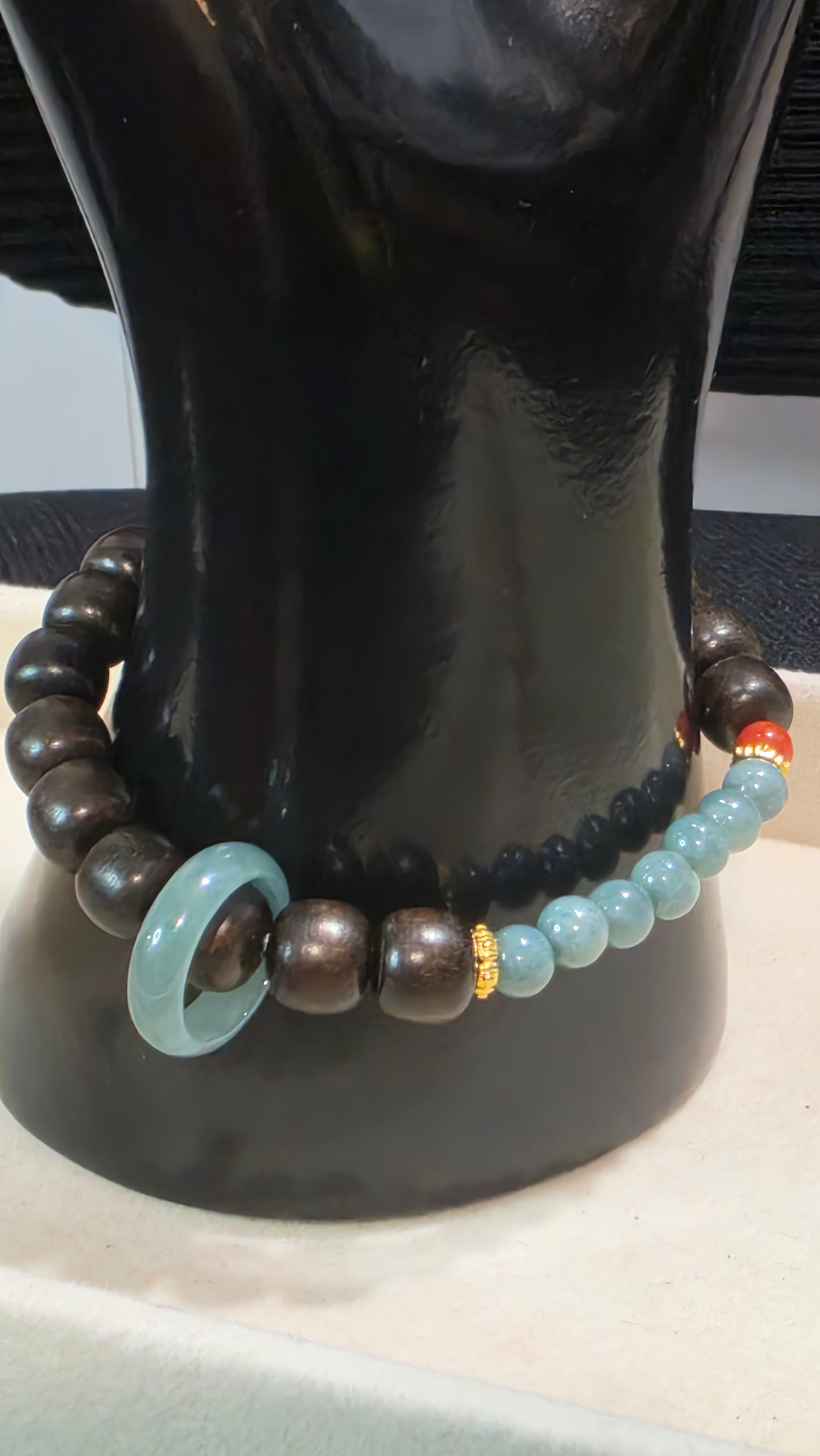 Blue Water Jade & Sandalwood Donut Bracelet