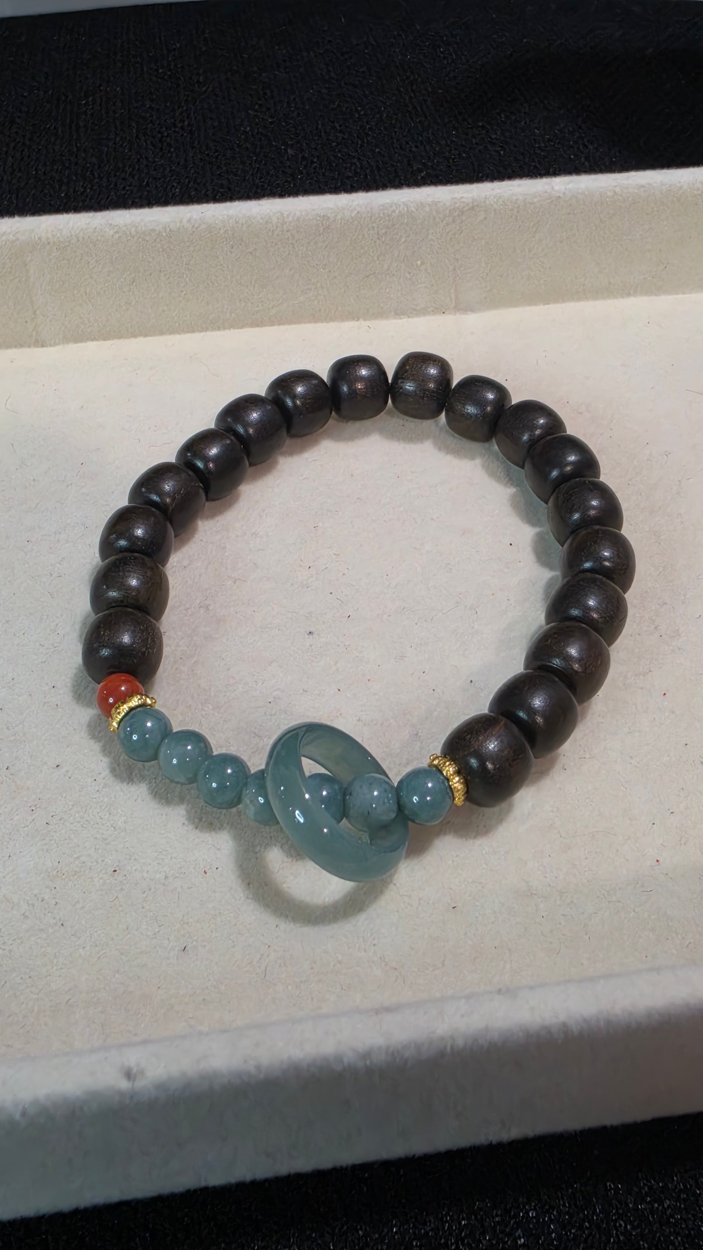 Blue Water Jade & Sandalwood Donut Bracelet